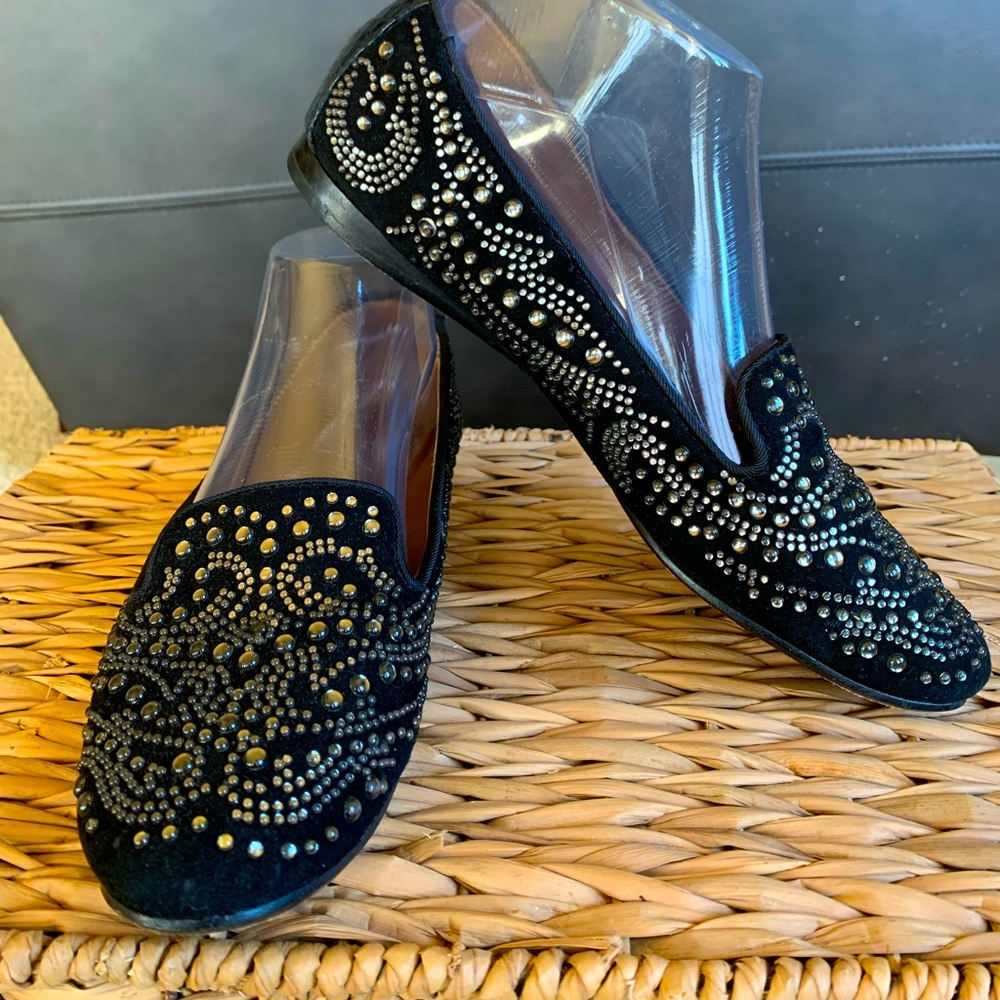 Donald Pliner flat in black suede with glass studs